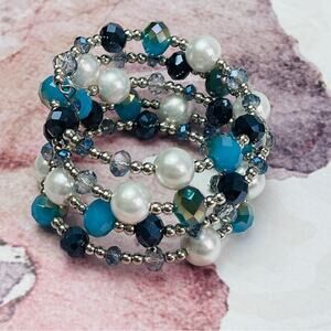 Blue Silver Pearl Beaded Coil Bracelet